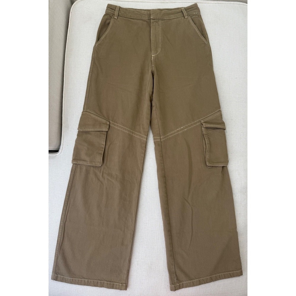 Zara Cargo Pants Womens XS Tan Khaki Wide Leg Contrast Stitch Excellent